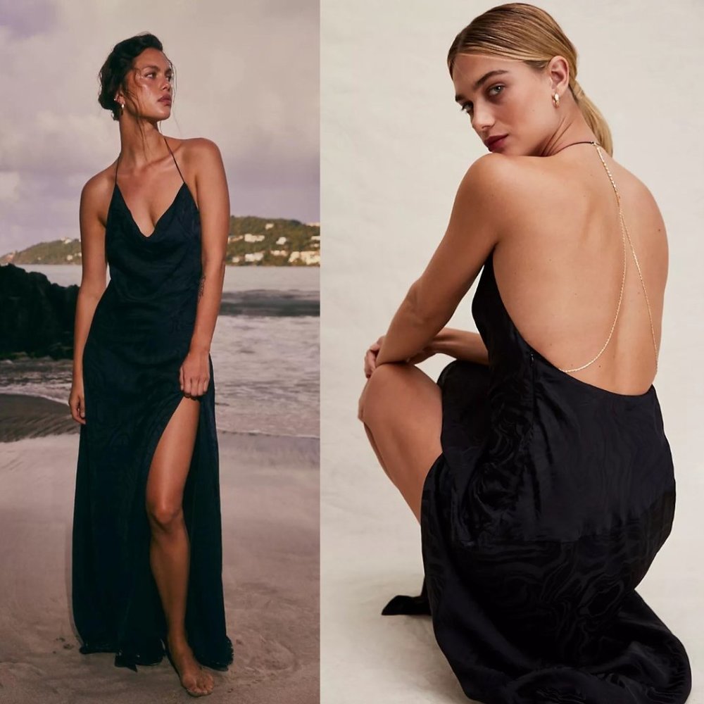 NWT Free People Gigi Dress, Black Slip Gown Gold Chain Formal Wedding Guest